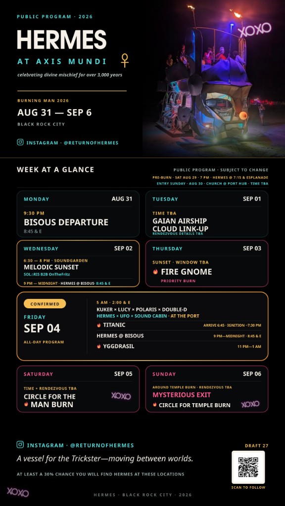 The Hermes public programme for Burning Man 2026, listing the week's planned events day by day